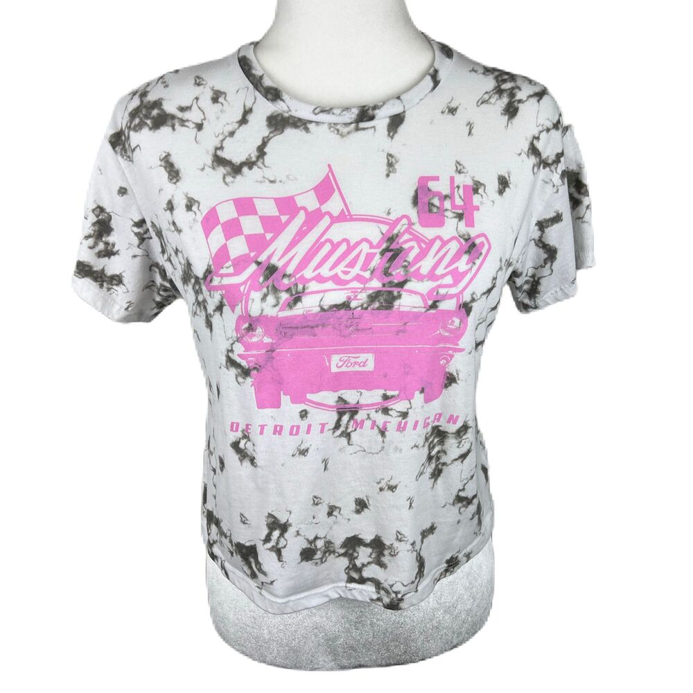 Ford Mustang Shirt Girls Large White Pink Graphic Detroit Michigan SS Tee Cars